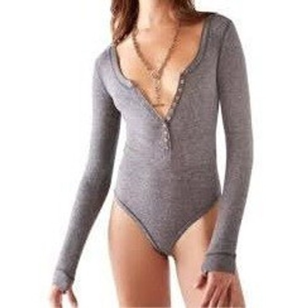 Intimately Free People Dylan Henley Bodysuit Women Sm Grey Waffle Knit Thermal
